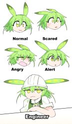  1girl :3 closed_mouth green_hair hard_hat helmet looking_at_viewer low_ponytail multiple_expressions open_mouth pea_pod ponytail raised_eyebrow shirt short_hair simple_background smile upper_body v-shaped_eyebrows violettebrise voiceroid voicevox white_background white_shirt yellow_eyes zundamon 