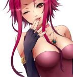  akiza_izinski armlet asa_curry bad_id bare_shoulders breasts choker cleavage collarbone fingerless_gloves gloves izayoi_aki jewelry large_breasts lips long_hair nail_polish necklace red_eyes red_hair redhead simple_background smile solo wink yu-gi-oh! yuu-gi-ou yuu-gi-ou_5d&#039;s yuu-gi-ou_5d's 