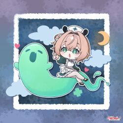 1girl absurdres amamii-amii animal_ears apron brown_hair clouds commentary crescent_moon dress english_commentary ghost green_dress green_eyes hair_between_eyes hair_intakes hat heart highres indie_virtual_youtuber moon nimi_nightmare nimi_nightmare_(1st_costume) nurse nurse_cap one_side_up open_mouth pointing solo tapir_ears tapir_girl thigh-highs virtual_youtuber white_apron white_thighhighs 
