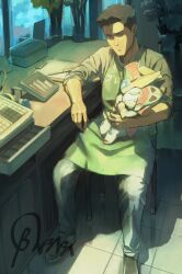  2boys ao_isami apron bonbaba_007 bravern closed_mouth commentary_request green_apron grey_pants grey_shirt highres holding_chibi male_focus multiple_boys pants robot shirt short_hair short_sideburns sideburns signature sitting solo tile_floor tiles yuuki_bakuhatsu_bang_bravern 