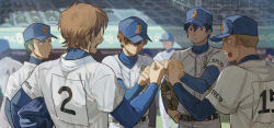  6+boys ball baseball_(object) baseball_cap baseball_helmet baseball_mitt baseball_stadium baseball_uniform belt black_belt brown_hair closed_mouth commentary_request daiya_no_ace fist_bump furuya_satoru goggles green_hair hat helmet highres holding holding_unworn_helmet kawasaki_kirio kuramochi_youichi male_focus miyuki_kazuya multiple_boys open_mouth pants sawamura_eijun sportswear unworn_headwear unworn_helmet white_pants 