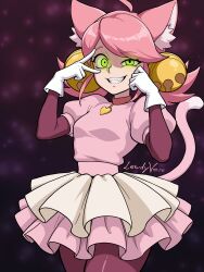  1girl absurdres ahoge animal_ears bell bell_ear_ornament cat_ears cat_girl cat_tail deltarune glowing glowing_eyes gold_bell green_eyes hair_bell hair_ornament heart heart_locket heart_necklace heart_pendant highres jewelry lewdyverse locket mad_mew_mew necklace pendant pink_frills pink_hair tail tutu utdr_(toby_fox) 