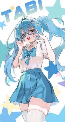  1girl :d absurdres adjusting_eyewear arahashi_tabi blue-framed_eyewear blue_bow blue_bowtie blue_eyes blue_hair blue_skirt blush bow bowtie character_hair_ornament character_name collared_shirt commentary_request cowboy_shot floating_hair from_below hair_intakes hair_ornament hairclip hands_up highres jwi_811 korean_commentary long_hair looking_at_viewer looking_down miniskirt open_mouth parallel_hairclips pleated_skirt school_uniform semi-rimless_eyewear shirt shirt_tucked_in short_sleeves skirt smile solo standing star_(symbol) star_hair_ornament star_symbol_background stellive thigh-highs twintails under-rim_eyewear virtual_youtuber white_background white_shirt white_thighhighs zettai_ryouiki 