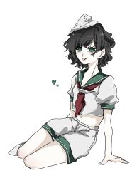  bike_shorts black_hair commentary_request full_body green_eyes green_sailor_collar hat heart highres liver017 looking_at_viewer murasa_minamitsu sailor_collar sailor_hat sailor_shirt shirt short_hair short_sleeves sitting socks tongue tongue_out touhou white_background white_hat white_shirt white_socks yokozuwari 