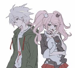  1boy 1girl arms_at_sides bear_hair_ornament danganronpa_(series) danganronpa_2:_goodbye_despair enoshima_junko hair_ornament hand_to_own_mouth holding holding_stuffed_toy inagoinaire komaeda_nagito laughing looking_at_viewer monokuma profile red_nails simple_background stuffed_animal stuffed_toy teddy_bear twintails upper_body white_background 