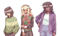  1other 2girls absurdres black_hairband black_shirt black_skirt blonde_hair bow bow_hairband brown_eyes brown_hair checkered_clothes checkered_sweater_vest collared_shirt commentary dark-skinned_female dark_skin deltarune english_commentary freckles green_sweater_vest hair_bow hair_ornament hair_over_one_eye hairband hairclip hand_on_own_arm hands_in_pockets highres humanization jacket kris_(deltarune) medium_hair multiple_girls noelle_holiday purple_jacket shirt single_horizontal_stripe skirt smile striped_clothes striped_sweater susie_(deltarune) sweater sweater_vest thick_eyebrows utdr_(toby_fox) white_shirt zero_(misamxsa08) 
