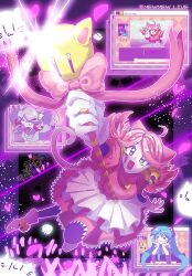  ahoge animal_ears aqua_(deltarune) bell blank_eyes blue_(deltarune) blue_eyes blue_hair cat_ears cat_girl cat_tail commentary deltarune dress flowery_(deltarune) ghost_pink_(deltarune) gloves glowstick green_(deltarune) green_eyes grey_hair hair_bell hair_ornament hatsune_miku head_rest heart heart_in_mouth heart_necklace highres holding holding_staff jewelry kagamine_len kagamine_rin kaito_(vocaloid) kris_(dark_world)_(deltarune) kris_(deltarune) mad_mew_mew megurine_luka meiko_(vocaloid) necklace necktie orange_(deltarune) pink_dress pink_hair purple_soul_(utdr) ralsei seth_(deltarune) solo_focus soul_(utdr) staff susie_(dark_world)_(deltarune) susie_(deltarune) tail thick_eyebrows twintails utdr_(toby_fox) v vocaloid white_gloves window_(computing) xshiozu yellow_(deltarune) 