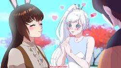  3girls alternate_costume animal_ears blue_eyes blurry blurry_background blush brown_hair clip_studio_paint_(medium) closed_eyes closed_mouth coco_adel commentary english_commentary eyelashes heart long_hair multiple_girls open_mouth own_hands_together patreon_username ponytail rabbit_ears rabbit_girl rwby scar scar_across_eye scar_on_face schrwby short_hair sleeveless smile tomodachi_life tree velvet_scarlatina weiss_schnee white_hair yuri 