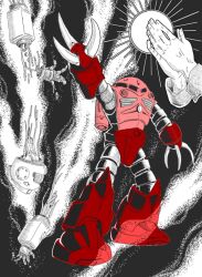  1other battle cable claws full_body glowing gm_(mobile_suit) grey_background gundam hands_up hatchy80124 mecha mecha_focus mobile_suit mobile_suit_gundam one-eyed one-eyed_mecha red_eyes robot science_fiction sun weapon z'gok z'gok_char_custom zeon 