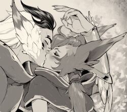  1boy 1girl animal_ears blush couple facing_another french_kiss green_(greeniris) greyscale hand_up hetero highres kiss league_of_legends long_hair monochrome multicolored_hair ponytail rakan_(league) short_sleeves side_cut two-tone_hair xayah_(league) 