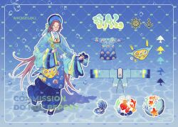  1girl animal_print ao_nhat_binh bag blue_pants brown_hair bubble_background closed_mouth commission fish_print gem glasses green_eyes highres khan_van long_hair moizuki original pants patterned_clothing pearl reference_sheet shoes shoulder_bag vietnamese_clothes wide_sleeves 