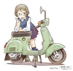 1girl arm_rest blue_socks blue_vest brown_hair collared_shirt commentary_request dated elbow_rest gingham_clothes gingham_skirt glasses green_shoes hair_ornament hairclip hand_up kickstand leaning_forward looking_at_viewer motor_vehicle open_mouth original pleated_skirt purple_skirt salute scooter sekihan shirt shoes signature simple_background skirt smile socks solo standing two-finger_salute vehicle_name vespa vest white_background white_shirt 