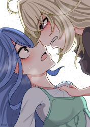  2girls amamitsu9 blonde_hair blue_hair blush clenched_teeth clothes_grab commentary_request eye_contact face-to-face from_side highres howa_kurea howa_kurea_(civilian) long_hair looking_at_another meitantei_precure! moria_luluka moria_luluka_(civilian) multiple_girls open_mouth precure profile sweat teeth violet_eyes white_background yellow_eyes yuri 