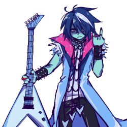  1other \n/ androgynous black_nails black_pants blue_hair blue_skin bracelet closed_mouth coat colored_skin commentary_request deltarune electric_guitar expressionless eyeshadow guitar hair_between_eyes hair_over_one_eye highres holding holding_guitar holding_instrument holding_plectrum instrument jewelry kris_(dark_world)_(deltarune) kris_(deltarune) kris_(lightners_live)_(deltarune) long_coat looking_at_viewer makeup multicolored_hair official_alternate_costume other_focus pants plectrum red_eyes short_hair simple_background sleeveless sparkling_clothes spiked_bracelet spikes streaked_hair utdr_(toby_fox) white_background zhangderen 