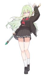  1girl absurdres arm_up bare_legs black_jacket black_sailor_collar black_serafuku black_shirt black_shoes black_skirt blush commentary_request daltokki34 double-parted_bangs film_grain floating_hair full_body green_hair grin highres holding holding_sword holding_weapon jacket korean_commentary loafers long_hair long_sleeves looking_at_viewer miniskirt neckerchief open_clothes open_jacket pleated_skirt red_neckerchief sailor_collar school_uniform serafuku sheath sheathed shirt shoes simple_background skirt smile socks solo standing stellive sword violet_eyes virtual_youtuber weapon white_background white_socks yuzuha_riko 
