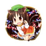  animal_ears bow bowtie brown_eyes brown_hair cat_ears cat_tail chen chibi dress ear_piercing earrings fang fingernails hair_bow hat jewelry long_fingernails mary_janes multiple_tails nail_polish open_mouth piercing red_dress shoes short_hair solo tail touhou yamabuki_(yusuraume) 