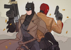  2boys batman batman_(series) batman_symbol batman_v_superman:_dawn_of_justice ben_affleck black_bodysuit black_gloves blue_eyes bodysuit brown_jacket bruce_wayne closed_mouth coat commentary_request cowl dc_comics gloves grey_bodysuit holding holding_weapon jacket jason_todd male_focus mask multicolored_bodysuit multiple_boys muscular muscular_male open_clothes pants red_hood_(dc) red_hood_and_the_outlaws red_mask superhero_costume taut_bodysuit taut_clothes trench_coat two-tone_bodysuit vagusel weapon 