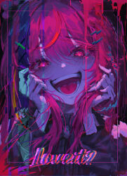  1girl :d absurdres black_shirt blush crazy_smile eyelashes glitch hair_ornament hairclip hanako_nana heart heart-shaped_pupils highres holding_own_hair long_hair long_sleeves looking_at_viewer multicolored_hair open_mouth ozeo0510 parallel_hairclips pink_eyes pink_hair red_streaks shirt smile solo stellive streaked_hair symbol-shaped_pupils teeth tongue upper_body virtual_youtuber x_hair_ornament 