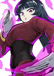  1girl blue_hair blunt_bangs bodystocking bodysuit bodysuit_under_clothes breasts commentary cropped_jacket from_below gloves highres hime_cut jacket long_hair long_sleeves medium_breasts miniskirt pencil_skirt pokemon pokemon_firered_and_leafgreen red_eyes red_jacket red_skirt sabrina_(pokemon) side_slit skirt solo straight_hair turtleneck turtleneck_jacket untranslatable_commentary upper_body v-shaped_eyebrows white_gloves yate282 