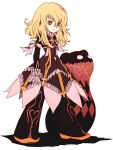  blonde_hair bow checkered chibi dress elise_lutas elise_lutus frills frown long_hair pants pikorasu ribbon serious stuffed_animal stuffed_toy tales_of_(series) tales_of_xillia tipo tipo_(xillia) tippo title_drop white_background yellow_eyes 