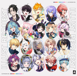  6+boys 6+girls :d :o :p absurdres ahoge akagi_wen akagi_wen_(1st_costume) animal_ear_headphones animal_ears aqua_hair artist_logo artist_name black_choker black_eyes black_gloves black_hair black_horns black_shirt blonde_hair blonde_streaks blue_eyes blue_hair blue_jacket blue_streaks blunt_bangs bone_hair_ornament bow bowtie brown_hair cat_ears cat_girl chain chain_necklace chef_hat chinese_clothes choker collared_shirt colored_tips commentary criss-cross_halter crossed_bangs crown cup demon_horns double_bun drill_hair drinking_glass ear_piercing earclip earrings ex_albio ex_albio_(3rd_costume) eyepatch facial_hair fake_animal_ears fang fangs finger_to_mouth furen_e_lustario furen_e_lustario_(3rd_costume) fuwa_minato fuwa_minato_(2nd_costume) gaon_(nijisanji) glasses gloves gradient_hair green_eyes grey_background grey_hair grin hair_between_eyes hair_bun hair_intakes hair_ornament hairclip halterneck hanfu hat head_rest headphones high_ponytail highres holding holding_cup hood hood_down horns hoshirube_sho hoshirube_sho_(1st_costume) ibrahim_(3rd_costume)_(nijisanji) ibrahim_(nijisanji) idol_clothes index_finger_raised jacket jewelry kaburaki_roco kaburaki_roco_(1st_costume) kirin-chan_(usami_rito) lapels levi_elipha levi_elipha_(4th_costume) logo long_hair looking_at_viewer maid_headdress maria_marionette maria_marionette_(1st_costume) mini_crown mosako multicolored_hair multicolored_horns multiple_boys multiple_girls nagisa_trout nagisa_trout_(1st_costume) name_tag_hair_ornament necklace nijisanji nijisanji_en nijisanji_kr one_eye_closed onotora_(nijisanji) open_mouth orange_hair orange_horns piercing pink_bow pink_bowtie pink_hair ponytail purple_hair purple_streaks rabbit_ear_headphones rabbit_ears red_eyes red_hair red_hood red_streaks saiki_ittetsu saiki_ittetsu_(1st_costume) seraph_dazzlegarden seraph_dazzlegarden_(1st_costume) sharp_teeth shirt short_hair shushing skin_fang sleeves_past_fingers sleeves_past_wrists smile streaked_hair stud_earrings tamanoi_nana tamanoi_nana_(1st_costume) teeth tongue tongue_out tsukino_mito tsukino_mito_(moon!!) twintails two-tone_horns usami_rito usami_rito_(1st_costume) violet_eyes virtual_youtuber vspo! watarai_hibari watarai_hibari_(4th_costume) white_gloves white_jacket wine_glass xiao_guan_(headdress) yang_nari yang_nari_(1st_costume) yano_kuromu yano_kuromu_(3rd_costume) yellow_eyes zhuang_hat 