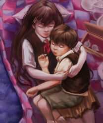 absurdres black_hair brother_and_sister highres hug mari_(faraway)_(omori) mari_(omori) omori picnic picnic_blanket siblings sleeping smile sunny_(omori) uruimidraws 