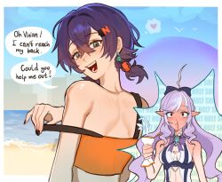  1girl 2girls ahoge back bare_shoulders beach belle_(summer_skies)_(zenless_zone_zero) belle_(zenless_zone_zero) black_nails blue_hair blue_sky blush clothing_cutout commentary crop_top day drill_hair drill_sidelocks earrings english_commentary english_text expressive_hair from_behind full-face_blush green_eyes hair_between_eyes heart highres holding_sunscreen jewelry long_hair looking_at_viewer looking_back mole mole_under_eye multiple_girls ocean open_mouth outdoors outside_border pointy_ears pulling_own_clothes purple_hair riinarts sand short_twintails shoulder_blades sidelocks signature sky speech_bubble squeezing stomach_cutout strap_lift strap_pull thought_bubble twintails upright_ahoge vivian_banshee water yuri zenless_zone_zero 