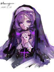  1girl absurdres arashiyama_(arashi_iiiiii) artist_name bang_dream! bang_dream!_yumemita black_nails black_veil dated fuji_miyako hands_up highres interlocked_fingers long_sleeves looking_at_viewer nail_polish nun nun_headdress own_hands_together purple_hair short_hair simple_background solo traditional_nun upper_body veil violet_eyes virtual_youtuber white_background 