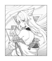  1girl absurdres animal_ears arknights arknights:_endfield bare_back bare_shoulders bird_ears bird_girl blush border clipboard endfield_industries_logo endministrator_(arknights) extra_ears female_endministrator_(arknights) frze18 greyscale highres holding holding_clipboard jacket long_hair looking_at_viewer looking_back monochrome off_shoulder perlica_(arknights) sidelocks smile solo upper_body white_border 