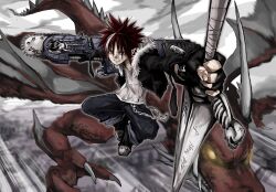  1boy black_gloves black_jacket black_pants black_shoes chainsword closed_mouth cross_scar dragon dual_wielding fingerless_gloves foreshortening fur-trimmed_jacket fur_trim gloves heterochromia highres holding holding_sword holding_weapon jacket long_sleeves looking_at_viewer multicolored_hair nu_punxxxz open_clothes open_jacket original pants pants_rolled_up pointy_ears red_hair scar scar_on_cheek scar_on_face shirt shoes solo spiky_hair streaked_hair sword two-tone_hair wallet_chain weapon white_hair white_shirt 
