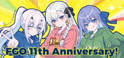  3girls :q alternate_costume anniversary arts_shirt_(fate) black_bow blue_bow blue_eyes blue_hoodie bow braid buster_shirt_(fate) choker closed_mouth commentary crossed_arms drawstring earrings english_commentary fate/grand_order fate_(series) forked_eyebrows gold_earrings green_hoodie hair_between_eyes hair_bow hair_ornament hair_tie hairclip hand_up hood hoodie jewelry light_blush long_hair long_sleeves looking_at_viewer meltryllis_(fate) melusine_(fate) multiple_girls olga_marie_animusphere one_eye_closed orange_eyes outstretched_arm ponytail purple_hair quick_shirt_(fate) red_hoodie side_braid sleeves_past_fingers sleeves_past_wrists smile tongue tongue_out twitter_username upper_body v white_hair yamuimo yellow_eyes 
