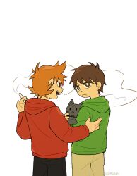  2boys animal animification antenna_hair artist_name black_pants bright_pupils brown_eyes brown_hair brown_pants cat cigarette commentary cowboy_shot drawstring edd_(eddsworld) eddsworld fewer_digits flipped_hair from_behind green_hoodie grey_cat hair_behind_ear hair_ears hand_on_another's_back highres holding holding_animal holding_cat holding_cigarette hood hood_down hoodie jitome long_sleeves looking_at_another male_focus multiple_boys open_mouth pants red_eyes red_hoodie ringo_(eddsworld) short_hair simple_background smile smoking swept_bangs tabby_cat tord_(eddsworld) ugly_cat white_background white_pupils 