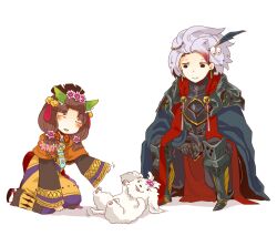  1boy 1girl armor armored_boots baldur_(sekaiju) black_armor black_cape bluetenbin boots brown_hair cape closed_mouth commentary_request dog feather_hair_ornament feathers flower full_body gauntlets grey_hair hair_flower hair_ornament medium_hair open_mouth sekaiju_no_meikyuu sekaiju_no_meikyuu_4 shadow simple_background smile squatting white_background white_dog wide_sleeves xiuan_(sekaiju) 