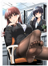 2girls alternate_costume black_hair black_jacket black_pantyhose black_skirt blazer blunt_bangs braid breasts brown_eyes brown_hair chair collared_shirt desk dress_shirt feet_out_of_frame flipped_hair hair_over_shoulder highres jacket kantai_collection kitakami_(kancolle) large_breasts long_hair looking_at_viewer mochisaka_mitsuki multiple_girls office office_lady ooi_(kancolle) pantyhose pencil_skirt shirt single_braid sitting skirt soles thighband_pantyhose white_shirt 
