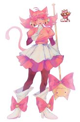  1girl absurdres animal_ears bell boots bow cat_ears cat_girl cat_tail commentary deltarune dress english_commentary footwear_bow full_body gloves green_eyes hair_bell hair_ornament heart heart_necklace highres holding holding_staff jewelry mad_mew_mew male_focus nebbeli necklace one_eye_closed pink_bow pink_dress pink_hair reference_inset signature solo staff tail tongue tongue_out twintails utdr_(toby_fox) white_boots white_gloves 