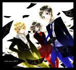  blonde_hair blue_eyes border celty_sturluson durarara!! flying_paper glasses hands_in_pockets heiwajima_shizuo kadota_kyouhei kida_masaomi kishitani_shinra necktie orihara_izaya paper red_eyes ryuugamine_mikado school_uniform short_hair skirt sonohara_anri ta_eiko taeko_(tao) thigh-highs thighhighs yellow_eyes 