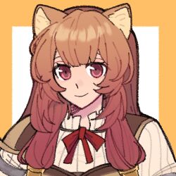  1girl animal_ear_fluff animal_ears armor blunt_bangs breastplate brown_armor brown_hair closed_mouth collared_dress commentary double-parted_bangs dress gradient_hair hair_tubes high_collar highres leather_armor long_hair looking_at_viewer metal_arm_cuffs metal_hair_tubes multicolored_hair neck_ribbon pauldrons pinstripe_dress pinstripe_pattern portrait raccoon_ears raccoon_girl raphtalia red_eyes red_hair red_ribbon ribbon sharp_chin shoulder_armor single_pauldron smile solo tanuki tate_no_yuusha_no_nariagari untranslatable_commentary user_fvgg4388 white_dress 