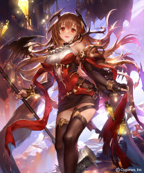  1girl bare_shoulders black_bridal_gauntlets black_thighhighs breasts bridal_gauntlets brown_hair charon_(shadowverse) commentary_request copyright_name demon_girl demon_horns demon_wings dress hammer highres holding holding_hammer horns large_breasts liiko long_hair looking_at_viewer official_art open_mouth outdoors red_dress red_eyes shadowverse shadowverse:_worlds_beyond short_dress smile solo standing thigh-highs wings 