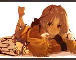  aogoma bangs barefoot brown brown_eyes brown_hair creature face feet foreshortening lying male parted_bangs poncho puka ribbon smile tim_rhymeless white_background wild_arms wild_arms_2 
