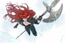  1girl blue_eyes blue_pants commentary gloves highres holding holding_polearm holding_weapon hulkenberg_(metaphor:_refantazio) lightning long_hair long_pointy_ears metaphor:_refantazio pants pointy_ears polearm red_hair weapon yllande 