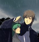  1girl brown_hair cape couple erin eye_contact face-to-face face_to_face green_eyes green_hair height_difference ia-lu kemono_no_souja_erin looking_at_another muromachi rain short_hair smile 