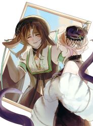  2girls animal_ears ao_nhat_binh blonde_hair brown_hair closed_eyes closed_mouth commentary detached_sleeves english_commentary fur_scarf h02p hat highres indie_virtual_youtuber jewelry juri_jin khan_van leaf minttbunny multiple_girls necklace pearl_necklace picture_frame smile vietnamese_clothes 