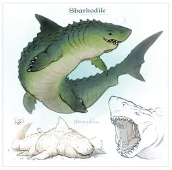  animal artist_name black_eyes character_name commentary crocodile crocodilian fusion highres krocodilian monster no_humans open_mouth original shark sharp_teeth simple_background teeth untranslatable_commentary white_background 