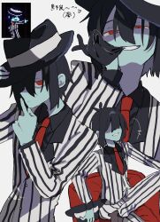  1other androgynous biting biting_glove black_gloves black_hat black_shirt blue_skin chair colored_skin commentary_request crossed_legs deltarune glove_pull gloves grin hair_between_eyes hair_over_one_eye hand_on_own_chin hat highres holding jacket kris_(dark_world)_(deltarune) kris_(deltarune) kris_(gangster)_(deltarune) long_sleeves looking_at_viewer mouth_hold nashikun necktie official_alternate_costume on_chair other_focus pants red_eyes red_necktie screenshot_inset shaded_face shirt short_hair simple_background sitting smile striped_clothes striped_jacket teeth teeth_hold utdr_(toby_fox) white_background 