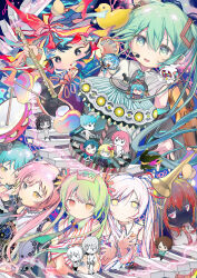  absurdres aqua_hair black_cat blue_hair boku_o_sonna_me_de_minaide_(vocaloid) carousel cat colored_skin commentary drumsticks flute gomenne_gomenne_(vocaloid) hatsune_miku highres holding holding_flute holding_instrument horns hoshi-kun_(kikuo) instrument kikuo multicolored_hair multiple_costumes pink_hair rainbow_hair rubber_duck song_request soshite_kimi_wa_tsuki_ni_natta_(vocaloid) tambourine tengoku_e_ikou_(vocaloid) trumpet tsuki-chan_(kikuo) user_whym7334 violin vocaloid white_skin yoru_no_uta_(vocaloid) youkoso_hoshi_no_oyado_(vocaloid) 