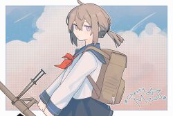  1girl absurdres ahoge alternate_costume backpack bag blue_border blue_sailor_collar blue_skirt blue_sky bolt_action border brown_bag character_name cheyanne_(girls'_frontline_2) cheytac_m200 clouds cloudy_sky double-parted_bangs from_side frown girls'_frontline_2:_exilium girls_frontline grey_hair grid_background gun hair_between_eyes hair_tie halftone halftone_background highres holding holding_gun holding_weapon looking_at_viewer low_ponytail m200_(girls'_frontline) medium_hair miniskirt myticalcat neckerchief outdoors outline outside_border pink_eyes pleated_skirt ponytail red_neckerchief rifle sailor_collar sailor_shirt school_uniform serafuku shirt shooting_star sidelocks skirt sky sniper_rifle solo sparkle star_(sky) turning_head upper_body weapon white_border white_outline white_shirt 