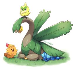 artist_name baby_animal banana beak bird browt chick closed_eyes commentary_request dinosaur ezo18591 facial_mark feathers food fruit gecqua grass leaf no_humans orange_fur pokemon pokemon_winds_and_waves pombon pomeranian_(dog) sleeping starter_pokemon_trio teardrop_facial_mark tropius yellow_feathers 