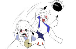  2girls :d @_@ ^^^ ^_^ animal_costume animal_ears bell blue_necktie blue_ribbon blush cat_costume closed_eyes coat coat_on_shoulders commentary d: embarrassed floppy_ears flower hair_flower hair_ornament hair_ribbon japan_(ppfjvdjudk54073) jingle_bell kokkimusume laughing long_hair long_sleeves lop_rabbit_ears mascot_costume mascot_head motion_lines multicolored_hair multiple_girls neck_bell necktie nervous_sweating open_mouth personification ra_(ppfjvdjudk54073) rabbit_ears red_eyes red_streaks removing_headwear ribbon shirt sidelocks simple_background smile streaked_hair sweat tears thick_eyelashes throwing trembling united_states_(ppfjvdjudk54073) untranslatable_commentary upper_body v-shaped_eyebrows white_background white_hair white_shirt 