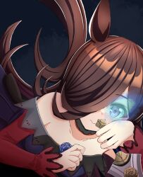  1girl animal_ears bare_shoulders blue_dress blush breasts brown_hair closed_mouth collarbone commentary_request dagger dress eye_trail flipped_hair fur_choker glowing glowing_eye hair_over_one_eye highres holding holding_dagger holding_knife holding_weapon horse_ears horse_girl katsushika_yuki knife light_trail long_hair long_sleeves looking_at_viewer off-shoulder_dress off_shoulder red_sleeves rice_shower_(rosy_dreams)_(umamusume) rice_shower_(umamusume) small_breasts solo umamusume violet_eyes weapon 