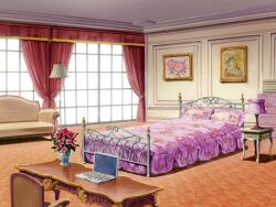  bed bedroom blanket book cabinet canopy_bed carpet chair chest_of_drawers computer couch curtains desk desk_lamp drawer drawing_(object) floral_print flower flower_pot game_asset indoors lamp laptop mahou_senshi_(series) mahou_senshi_symphonic_knights no_humans non-web_source official_art painting_(object) pillow pink_flower pink_rose plant portrait_(object) potted_plant red_flower rose rug scenery self-datamine stairs table vase visual_novel_cg window 